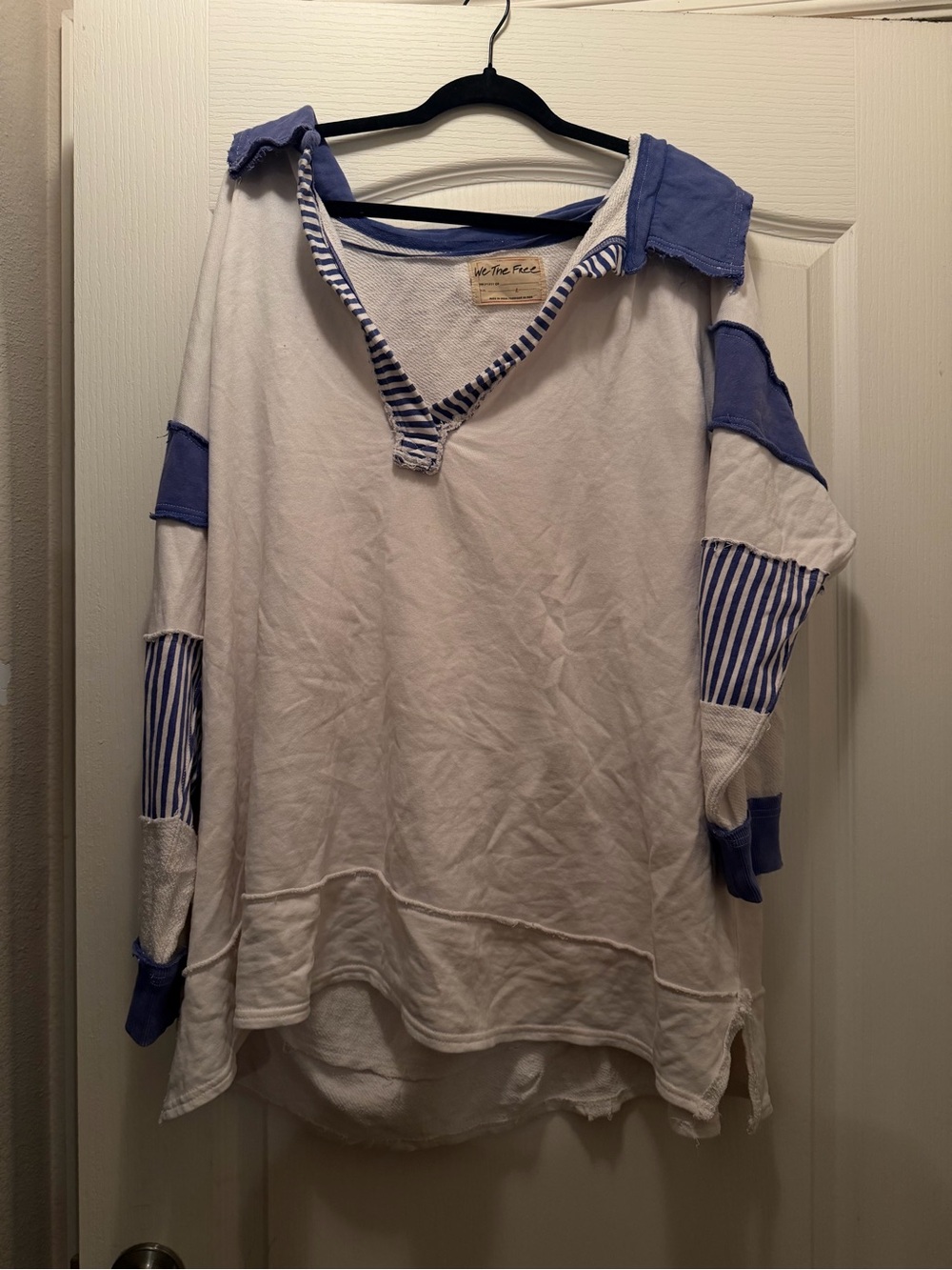 We The Free White Top with Blue Patchwork Details